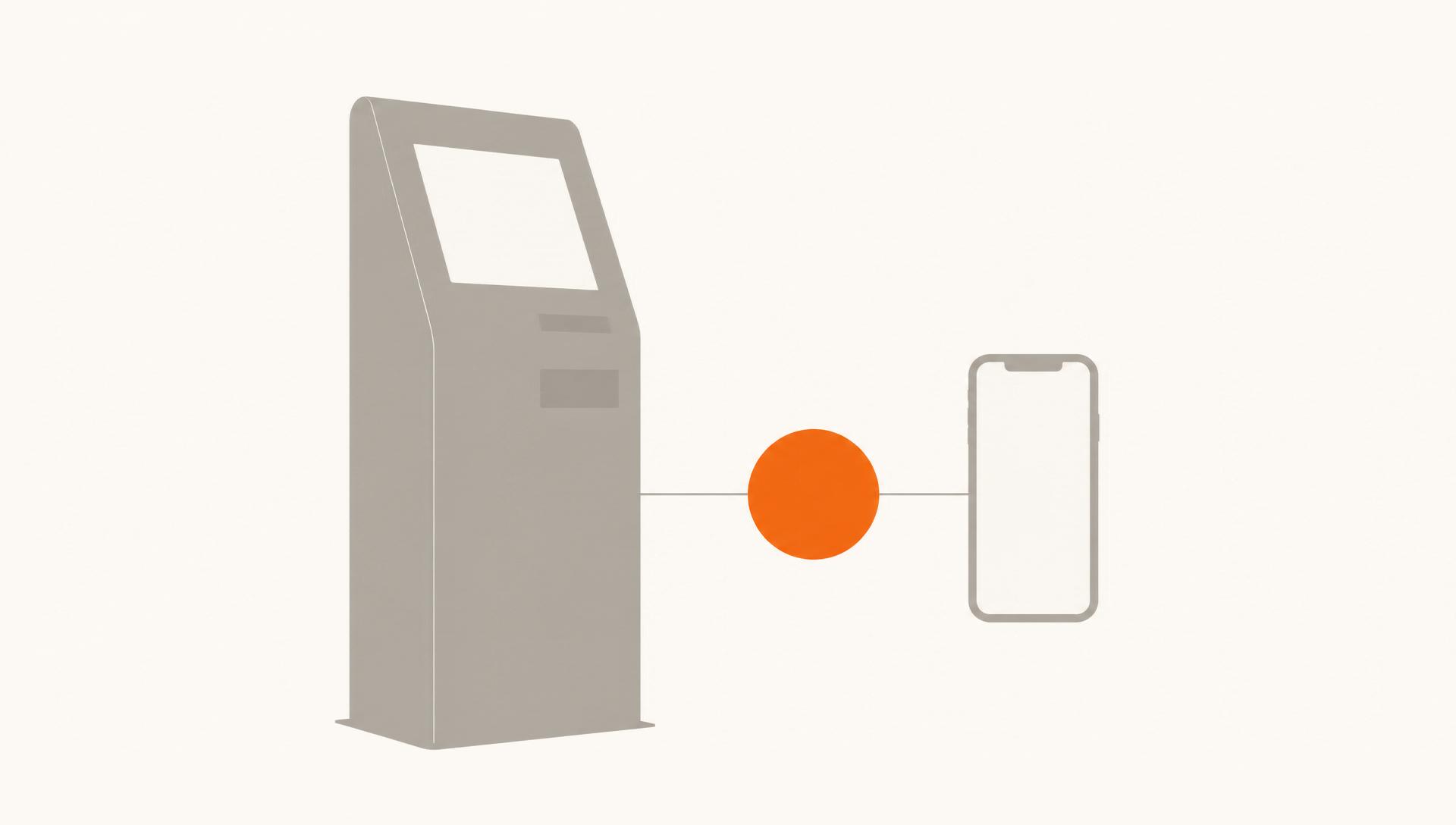 Coin Cloud — kiosk and phone linked by a tangerine coin