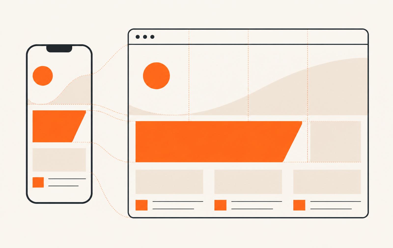 Phone and desktop browser silhouettes sharing the same layout grid