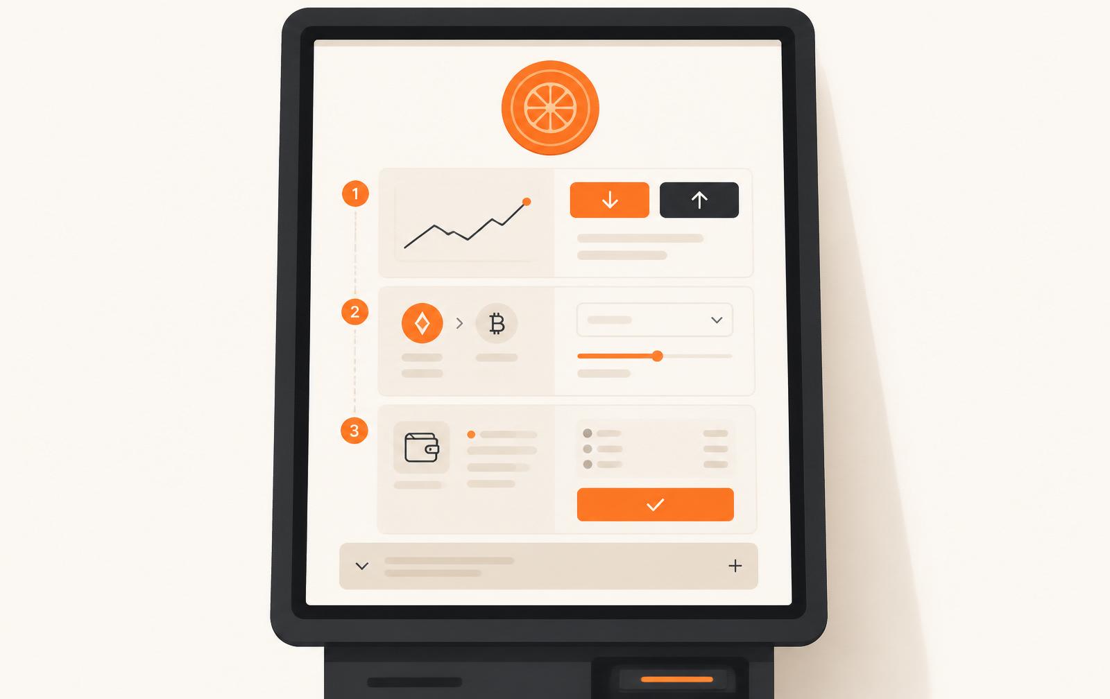 Kiosk screen showing a three-step buy/sell crypto flow with expandable detail