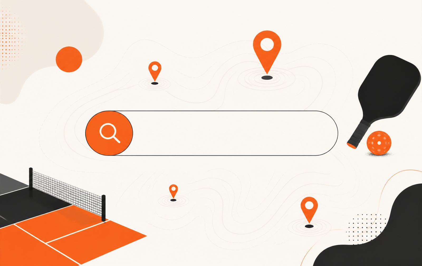 Abstract search bar surrounded by location pins and topographic contours with a pickleball paddle