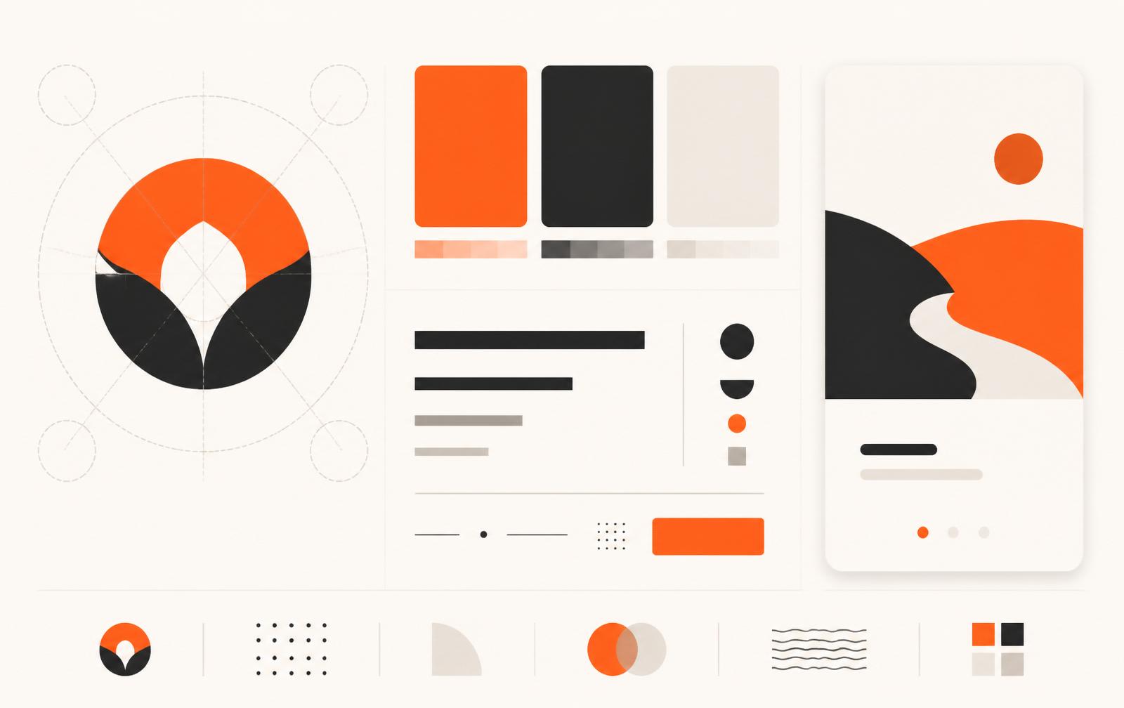 Brand system layout with logo construction, color swatches, type specimen, and launch screen