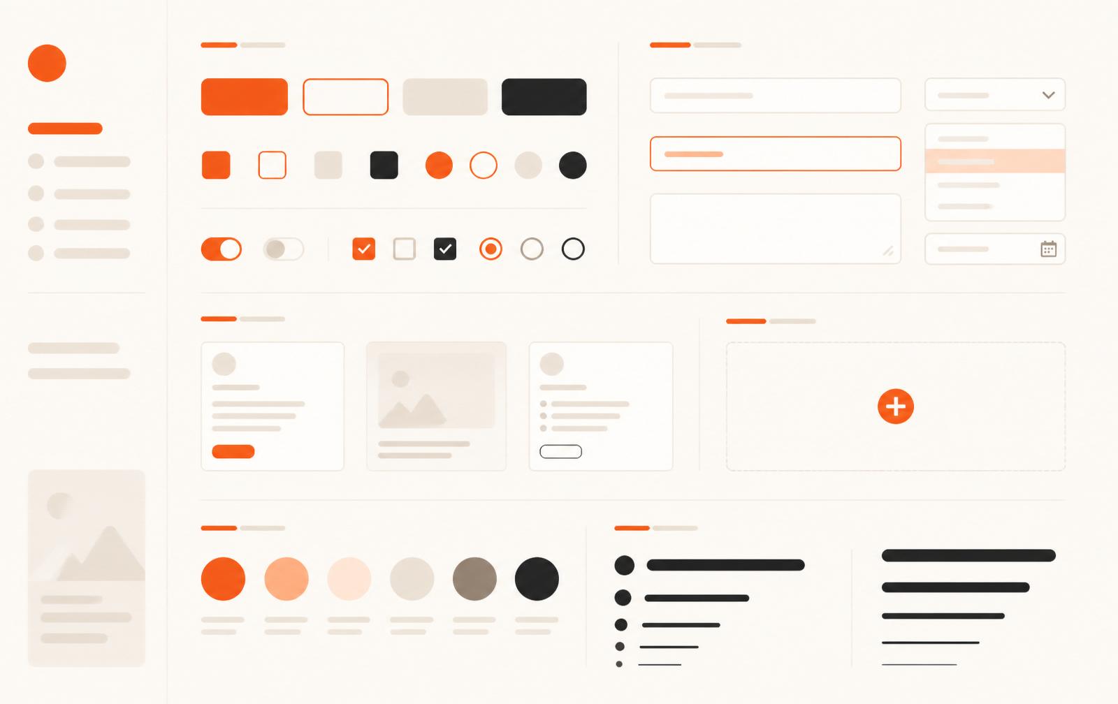 Design system spread showing components, color tokens, and type specimens