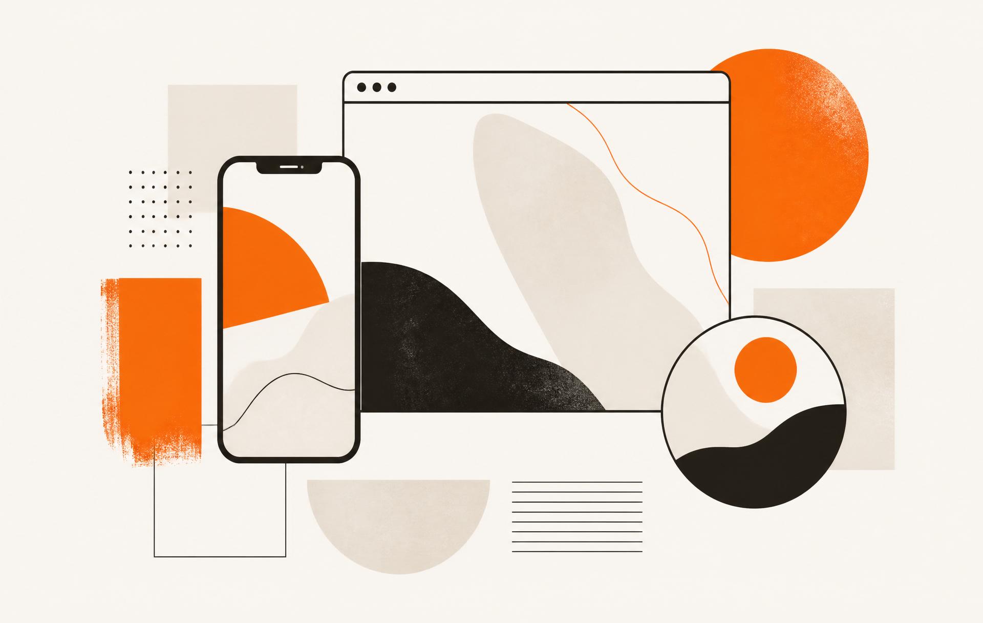 Abstract montage of mobile, desktop, and brand-mark device frames