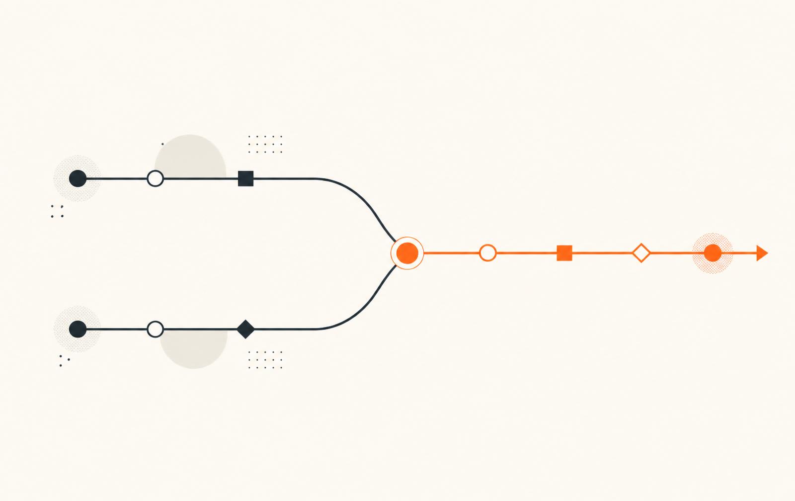 Two parallel gray roadmap lines converging into a single tangerine line